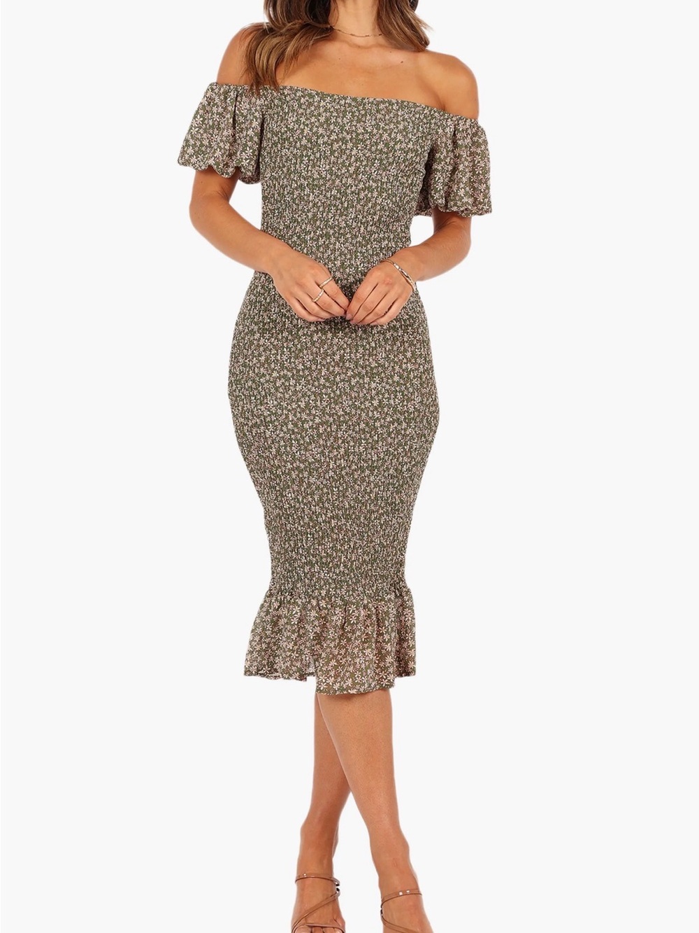 Petal & Pup Claire Off-Shoulder Olive Floral Midi Dress